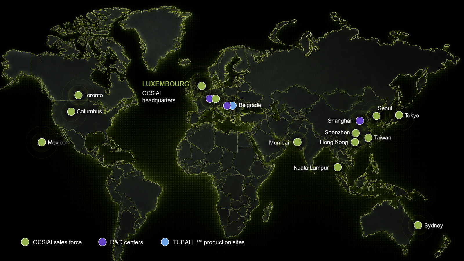 Map showing OCSiAl sales, research and production presence around the world